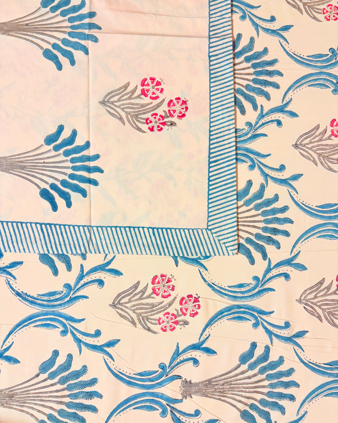 Handblock Printed Cotton Bedsheet King Size 110x110 | 400 TC Percale Cotton | Beige Floral Jaipuri Bedspread with 2 Pillow Covers
