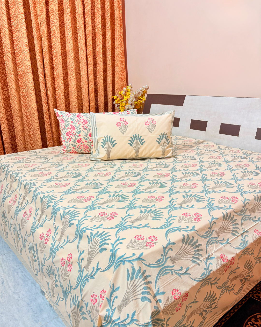 Handblock Printed Cotton Bedsheet King Size 110x110 | 400 TC Percale Cotton | Beige Floral Jaipuri Bedspread with 2 Pillow Covers