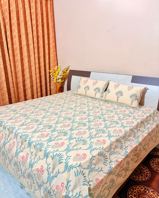 Handblock Printed Cotton Bedsheet King Size 110x110 | 400 TC Percale Cotton | Beige Floral Jaipuri Bedspread with 2 Pillow Covers