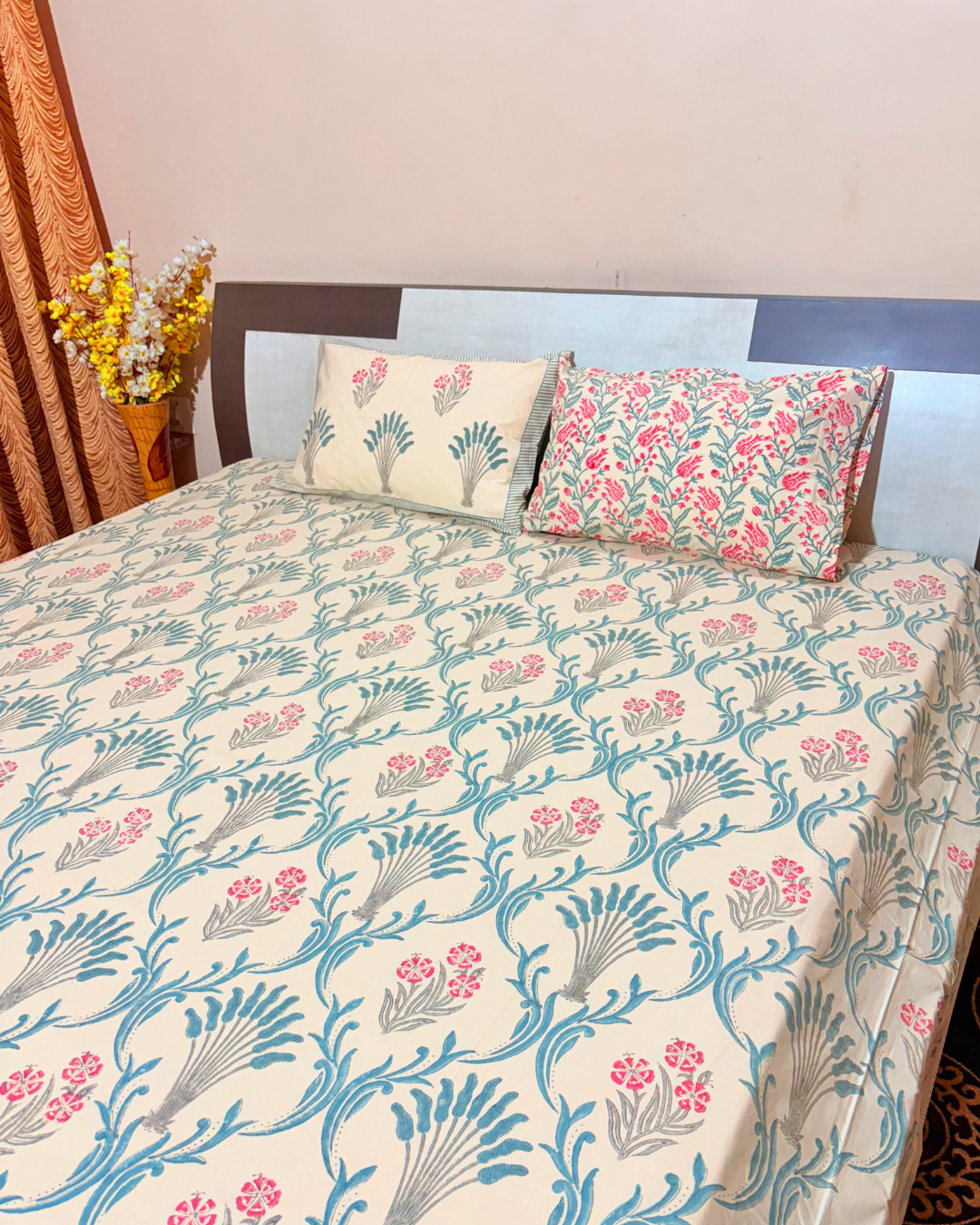 Handblock Printed Cotton Bedsheet King Size 110x110 | 400 TC Percale Cotton | Beige Floral Jaipuri Bedspread with 2 Pillow Covers