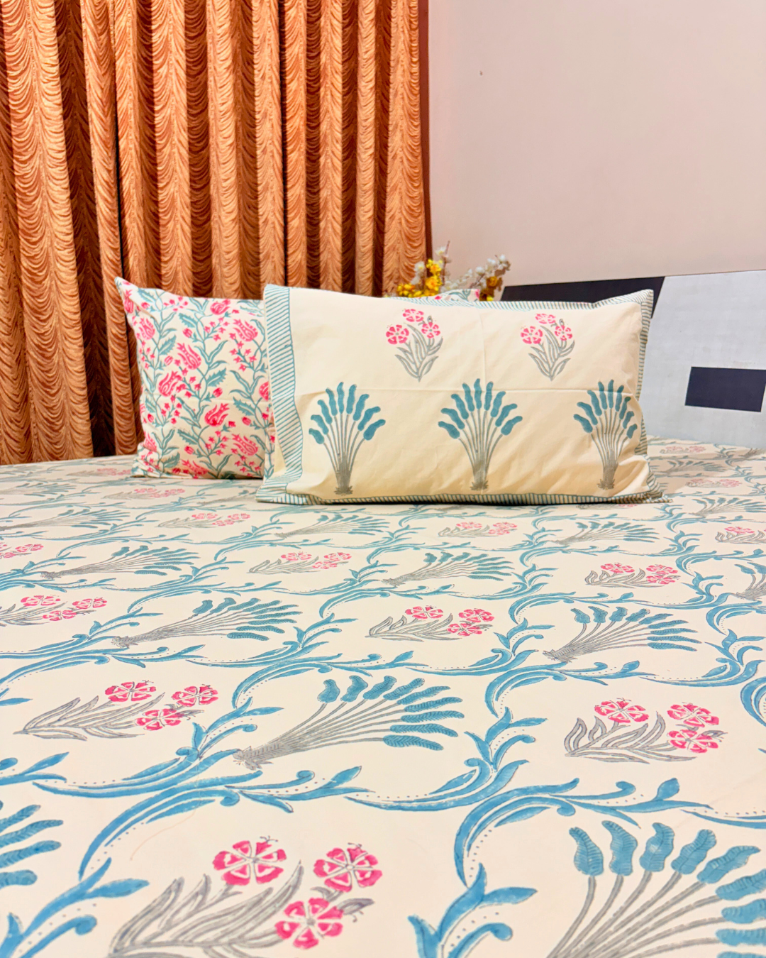 Handblock Printed Cotton Bedsheet King Size 110x110 | 400 TC Percale Cotton | Beige Floral Jaipuri Bedspread with 2 Pillow Covers