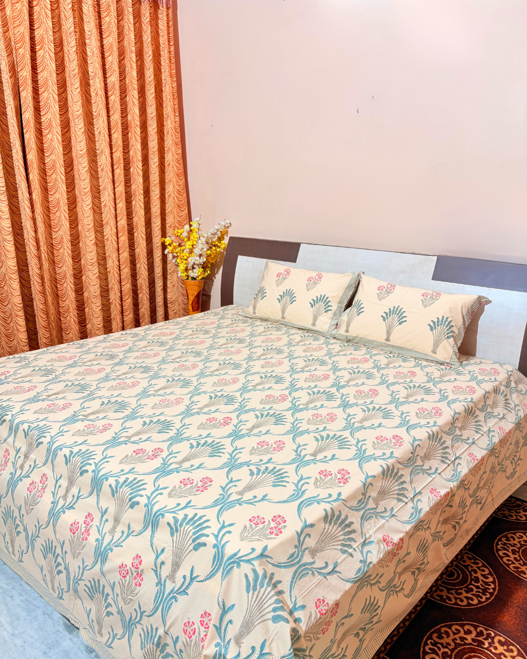 Handblock Printed Cotton Bedsheet King Size 110x110 | 400 TC Percale Cotton | Beige Floral Jaipuri Bedspread with 2 Pillow Covers
