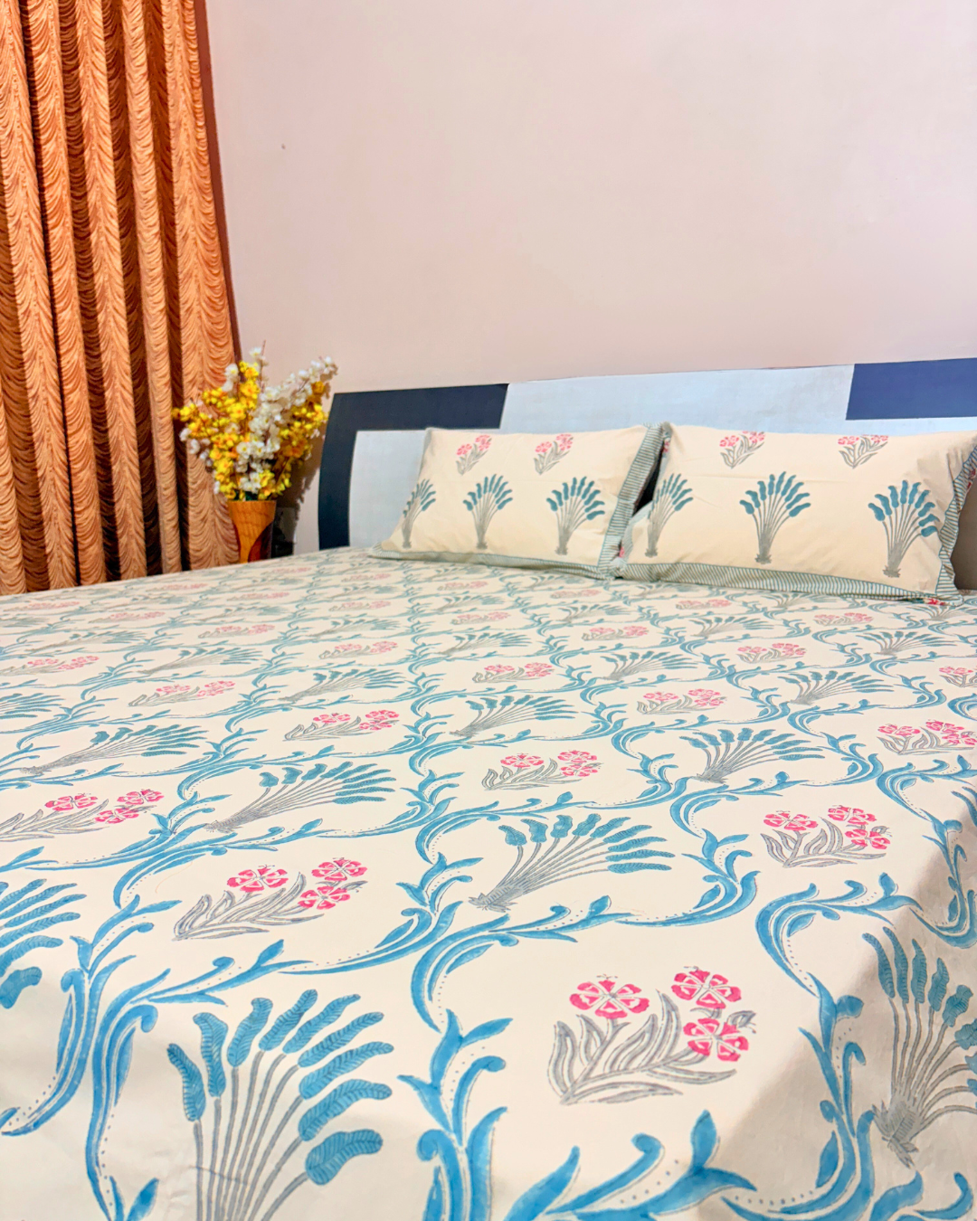Handblock Printed Cotton Bedsheet King Size 110x110 | 400 TC Percale Cotton | Beige Floral Jaipuri Bedspread with 2 Pillow Covers