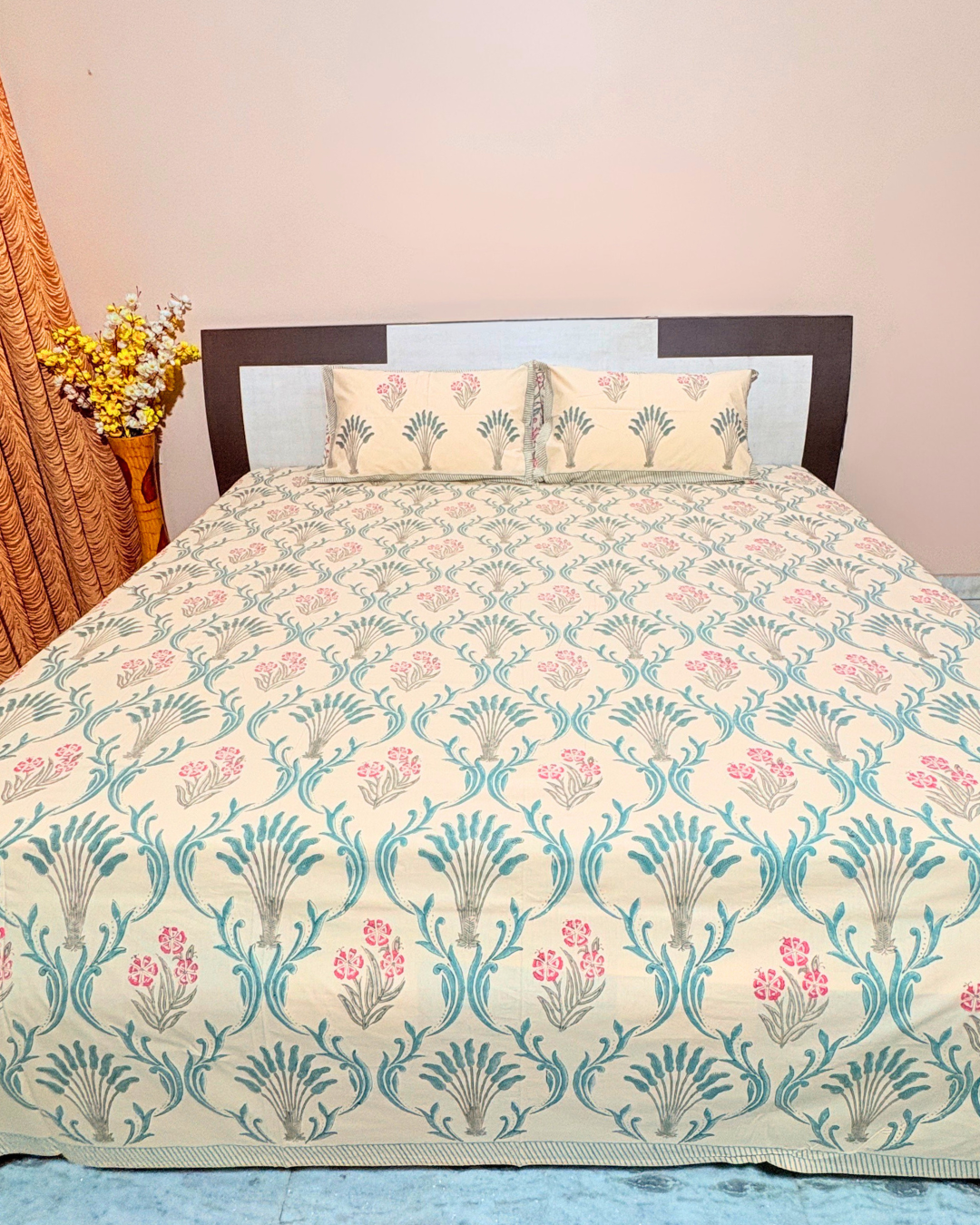 Handblock Printed Cotton Bedsheet King Size 110x110 | 400 TC Percale Cotton | Beige Floral Jaipuri Bedspread with 2 Pillow Covers